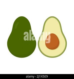 Avocado-Fruchtset. Symbol für gesunde Ernährung. Ganze und halbe Avocado. Vektor auf Weiß isoliert. Stock Vektor