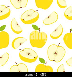 Nahtloses Apfelmuster. Geschnittene grüne Äpfel weißer Hintergrund. Süße süße süße Früchte Textur. Vektorgrafik Stock Vektor