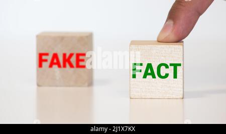 Geschäfts- und Designkonzept - surreale abstrakte geometrische Holzwürfel nehmen von Hand mit Wort TATSACHE und GEFÄLSCHTE Konzept auf Holzboden und weißem Hintergrund Stockfoto