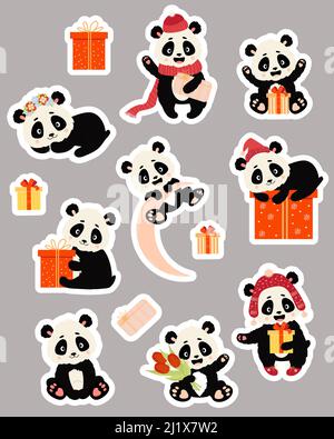 Große Vektor-Set von Aufklebern mit niedlichen Pandas. Lustige Bär Charakter in Weihnachtsmütze und Winterkleidung, und auf dem Mond, mit Blumenstrauß und in Blume w Stock Vektor