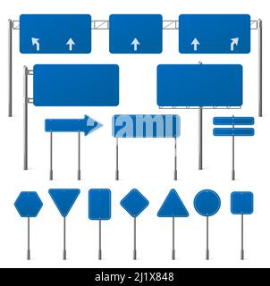 Blaue Straßenschilder verschiedene Formen auf Metallrahmen. Vector realistische Satz von leeren Verkehrszeichen Tafeln mit Pfeilen für Richtungen, Lage oder Hinweis auf h Stock Vektor