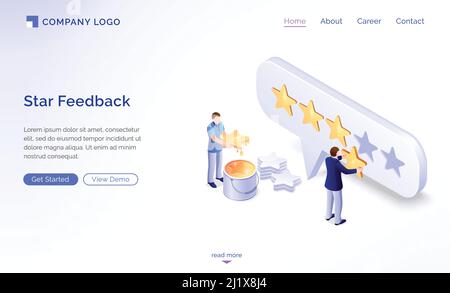 Banner mit Stern-Feedback-Modell. Konzept der positiven Bewertung, bewerten Zufriedenheit und Qualität des Service oder App. Vektor Landing Page der Auswertung von Custom Stock Vektor