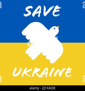 Rettet Die Ukraine. Weiße Taube fliegt auf blauem und gelbem Hintergrund. Friedenssymbol. Vektorgrafik, flaches Design Stock Vektor
