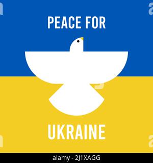 Frieden für die Ukraine. Weiße Taube fliegt auf blauem und gelbem Hintergrund. Friedenssymbol. Vektorgrafik, flaches Design Stock Vektor