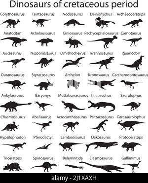 Silhouetten von Dinosauriern aus der kreidezeit des mesozoikums mit Namen Stock Vektor