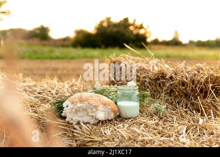 Glasglas mit Milch und Brotscheiben auf dem ukrainischen Feld auf dem Hintergrund von Stroh. Stockfoto