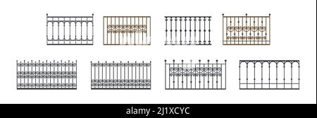 Großer Satz Balkongeländer und Zaunzäune aus Edelstahl, Eisen. Stock Vektor
