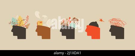 Psychische Probleme, psychologischer Zustand. Menschlicher Kopf mit Pflanzen, Bücher, Regen, Bombe, verwirrte Gedanken.Vektor isolierte Illustration für Design. Stock Vektor