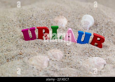 Bunte Holzbuchstaben im Sand mit dem Text 'Urlaub', Übersetzung 'Urlaub' Stockfoto