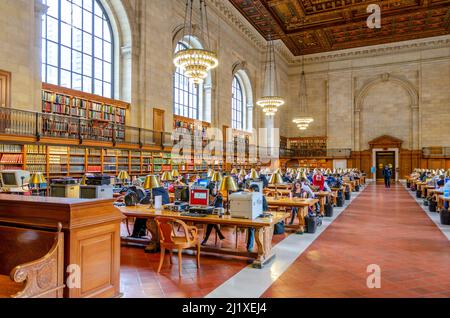 Menschen und Studenten, die in einer großen Halle in der New York Public Library sitzen, um zu lesen und zu lernen, linke Seite, NYC, USA, Horizontal Stockfoto