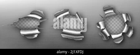 Metall-Einrisslöcher mit lockigen Kanten, zerrissene Risse, Schnittschäden auf Stahlblech. Zerrissener Schrägstrich, Gun Aperture Design-Element isoliert auf transparentem Hintergrund Stock Vektor