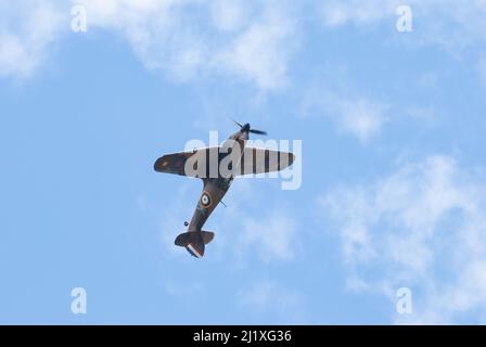 DUXFORD, CAMBRIDGESHIRE, Großbritannien - 13. JULI 2014: WW2 der Hawker-Sturmflug (RAF) führt eine Hundeschlacht-Ausstellung durch und fliegt schnell am Flugplatz von Duxford vorbei. Stockfoto