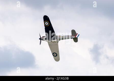 DUXFORD, CAMBRIDGESHIRE, Großbritannien - 13. JULI 2014: WW2 der Hawker-Sturmflug (RAF) führt eine Hundeschlacht-Ausstellung durch und fliegt schnell am Flugplatz von Duxford vorbei. Stockfoto