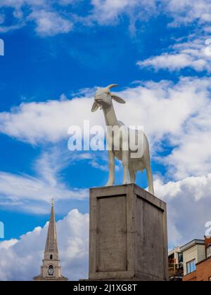 I Goat Skulptur mit dem Turm der Christ Church Spitalfields in der Ferne. London. Stockfoto