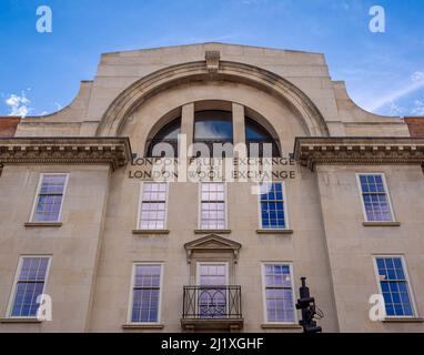 Außenfassade von London Fruit Exchange und London Wool Exchange façade. Spitalfelder. London Stockfoto