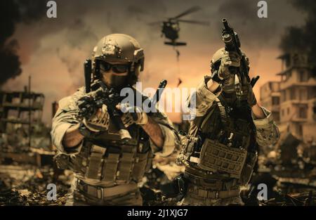 Militärkräfte & Hubschrauber zwischen Rauch und Staub auf dem Schlachtfeld. Stockfoto