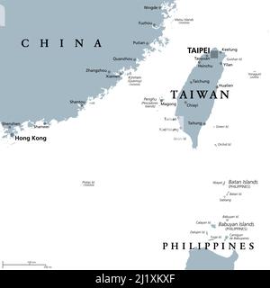Taiwan-Gebiet, graue politische Landkarte, mit Hauptstadt Taipei. Freie Fläche der Republik China, ROC. Hauptinsel und Inselgruppen von Taiwan. Stockfoto