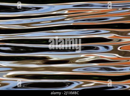 Die abstrakte Fotografie der britischen Wasserstraße zeigt reflektierte Muster, Textur, Form und Bewegung, mit einer Farbpalette in hellen Spiegelformen Stockfoto