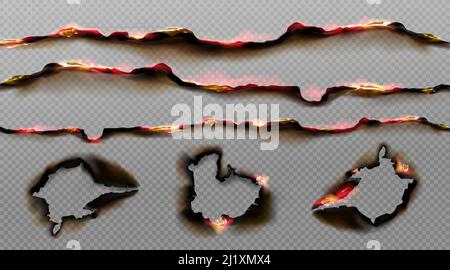 Verbrannte Papierränder mit Feuer und schwarzer Asche. Vektor realistische Satz von Rändern und Rahmen aus verbrannten und schwelenden Papierblättern weiß abgerissene Kanten und h Stock Vektor