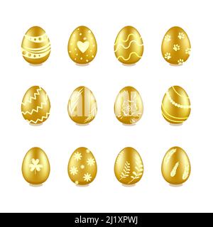 Realistische goldene Ostereier mit floralen und geometrischen Mustern Stock Vektor
