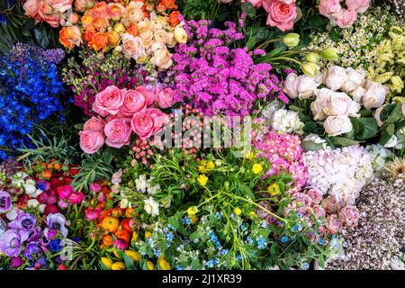 Schöner Hintergrund von Blumen auf einem Straßenmarkt, eine Vielzahl von Farben und Blüten einschließlich Rosen, Anemonen und Tulpen. Saisonale Blumensträuße aus frischen f Stockfoto