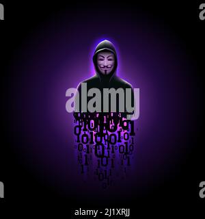Silhouette anonymen Computer-Hacker in Hood mit Binärcode auf lila Hintergrund. Anonyme Hacker-Aktivistengruppe. Hacker-Computersystem, Diebstahl Stockfoto