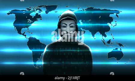 Silhouette Hacker in einer anonymen Maske vor Hintergrund Weltkarte, Binärcode. Anonyme Hacker-Aktivistengruppe. Hacker-Computersystem, Diebstahl Stockfoto