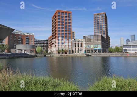 Geschäfte und Apartments im Londoner Canada Water, Teil des neu entwickelten Surrey Docks-Gebiets in der Nähe der Themse. Stockfoto