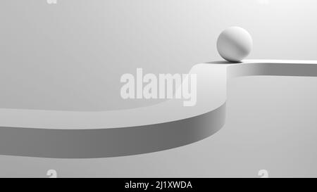 Abstrakte weiße Installation mit einem Ball auf geschwungener Bahn mit weichen Schatten, 3D Rendering Illustration Stockfoto