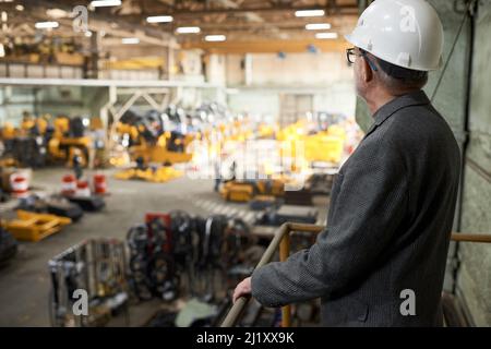 Rückansicht eines reifen Ingenieurs im Arbeitshelm, der auf dem Balkon steht und die Fertigung im Werk beobachtet Stockfoto