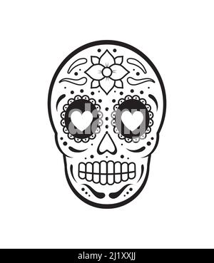 Vektor schwarz flache Kontur Tag der Toten Schädel mit floralem Ornament. Mexikanische Zucker Schädel-Symbol Stock Vektor