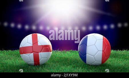 Zwei Fußballbälle in Flaggen-Farben auf Stadion verschwommener Hintergrund. England und Frankreich. 3D Bild Stockfoto