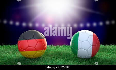 Zwei Fußballbälle in Flaggen-Farben auf Stadion verschwommener Hintergrund. Deutschland und Italien. 3D Bild Stockfoto