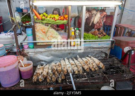 Bangkok, Thailand - 22. Dezember 2009: Street Hawker bietet frisches gegrilltes Fleisch und Gemüse auf der Straße in Bangkok, Thailand. Stockfoto