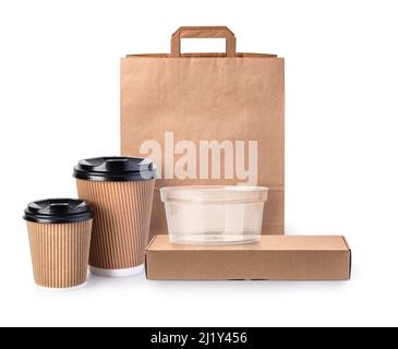 Papppackung. Kartons und Packungen für Pizza, Burger und Fast Food, leere Einkaufstaschen. Einweg-Kaffeetasse, Modelle zum Mitnehmen. Stockfoto