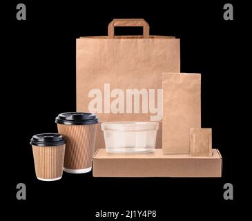 Papppackung. Kartons und Packungen für Pizza, Burger und Fast Food, leere Einkaufstaschen. Einweg-Kaffeetasse, Modelle zum Mitnehmen. Stockfoto