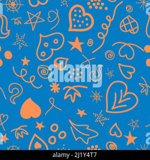 Nahtloses Muster Fantasy Locken Herz Blatt Stern Punkt, blau orange Farbe. Muster aus kleinen Designelementen für Stoff und Geschenkpapier Stockfoto