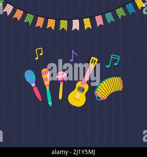 Musikinstrumente - Gitarre, Akkordeon und Maracas. Dekorative Luftschlangen mit bunten Fahnen. Postkarten- oder Poster-Design für lateinamerikanische Musik Stock Vektor