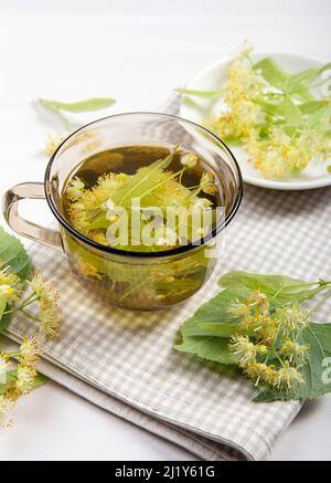 Tilia platyphyllos, bekannt als großblättriger Lindenblüten-Kräutertee, hergestellt aus frisch gepflückten Blüten mit Baumblättern und Ästen mit Blüten Stockfoto