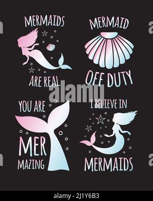 Vektor-Set von holografischen Meerjungfrauen mit Zitat Stock Vektor