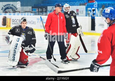 Pilsen, Tschechische Republik. 28. März 2022. Die tschechischen Torhüter Dominik Pavlat, links, und Stepan Lukes, rechts, und der Trainer der Torhüter Zdenek Orct nehmen am Training der tschechischen Eishockeynationalmannschaft in Pilsner, Tschechische Republik, am 28. März 2022 Teil. Kredit: Miroslav Chaloupka/CTK Foto/Alamy Live Nachrichten Stockfoto