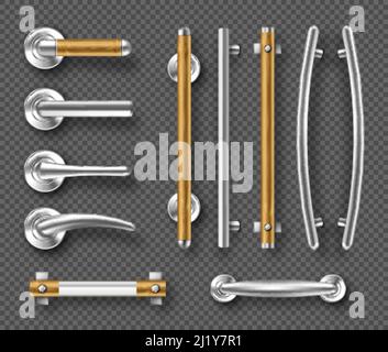 Griffe für Türen oder Fenster, Metall und Holz architektonischen Details, moderne Innenausstattung Zubehör. Möbelhalter aus Stahl und Holz mit Stangen A Stock Vektor