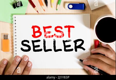 Bestseller Text schreiben auf Papier, Konzept Stockfoto