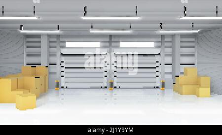 Lagerinnenraum mit geschlossenen Toren und Kartons. Vector realistische Darstellung von leerem Lagerraum in Lager, Fabrik oder Werkstatt mit rolli Stock Vektor