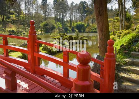 Blick auf eine schöne rote Brücke im orientalischen Garten von Maulevrier Stockfoto