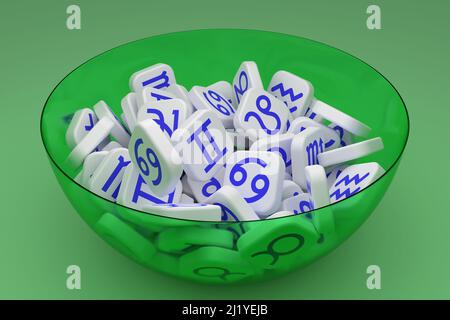 Eine abstrakte astrologische Schale in einer grünen transparenten Platte auf einer grünen Oberfläche. Symbole von Tierkreiszeichen in Form von blauen astrologischen Symbolen auf einem Whi Stockfoto