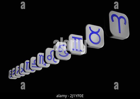 Symbole von Tierkreiszeichen in Form von blauen Symbolen auf weißen Fliesen. Rechteckige Kacheln Reihen sich auf schwarzem Hintergrund aneinander. 3D Rendern. Stockfoto