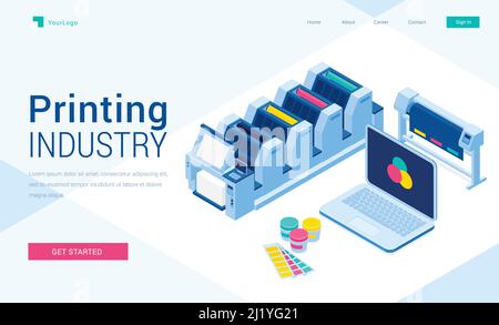 Druckerei Polygrafie Industrie isometrische Landing Page, Offset-oder Laser-Industrie-Drucker, Laptop mit rgb-Farben auf dem Bildschirm, Druckmaschine Business ausstatten Stock Vektor