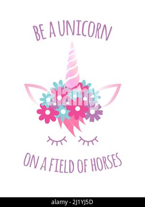 Vektor flache Cartoon Einhorn Gesicht mit Zitat Stock Vektor