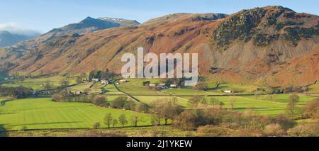 Patterdale Valley Floor, Blick vom Angle Tarn Fell, Januar, Patterdale Area, Lake District National Park, North East Lake District Cumbria Stockfoto